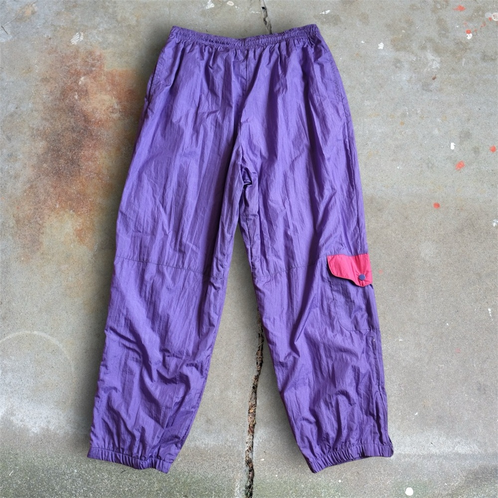Vintage 80s Komitor Purple Nylon High Rise Track Pants Women Size 14/16